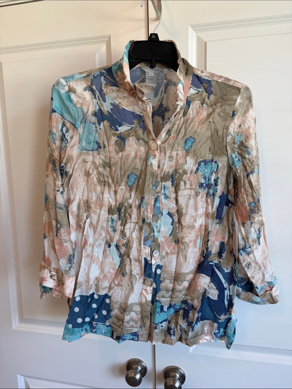 Multiples Abstract Button-Front Blouse in Blue, Beige & Pink